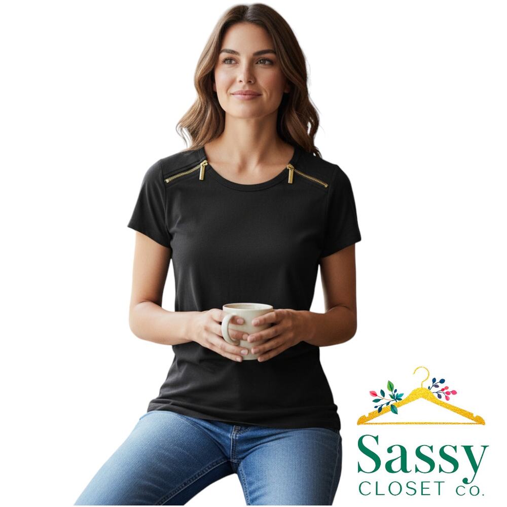 Michael Kors Black Cap Sleeve Tee Zipper Shoulder Top Size S EUC